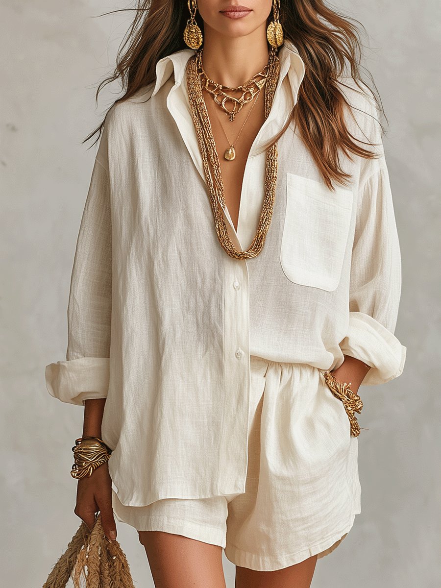 Women's woven shirt and shorts set - off-white