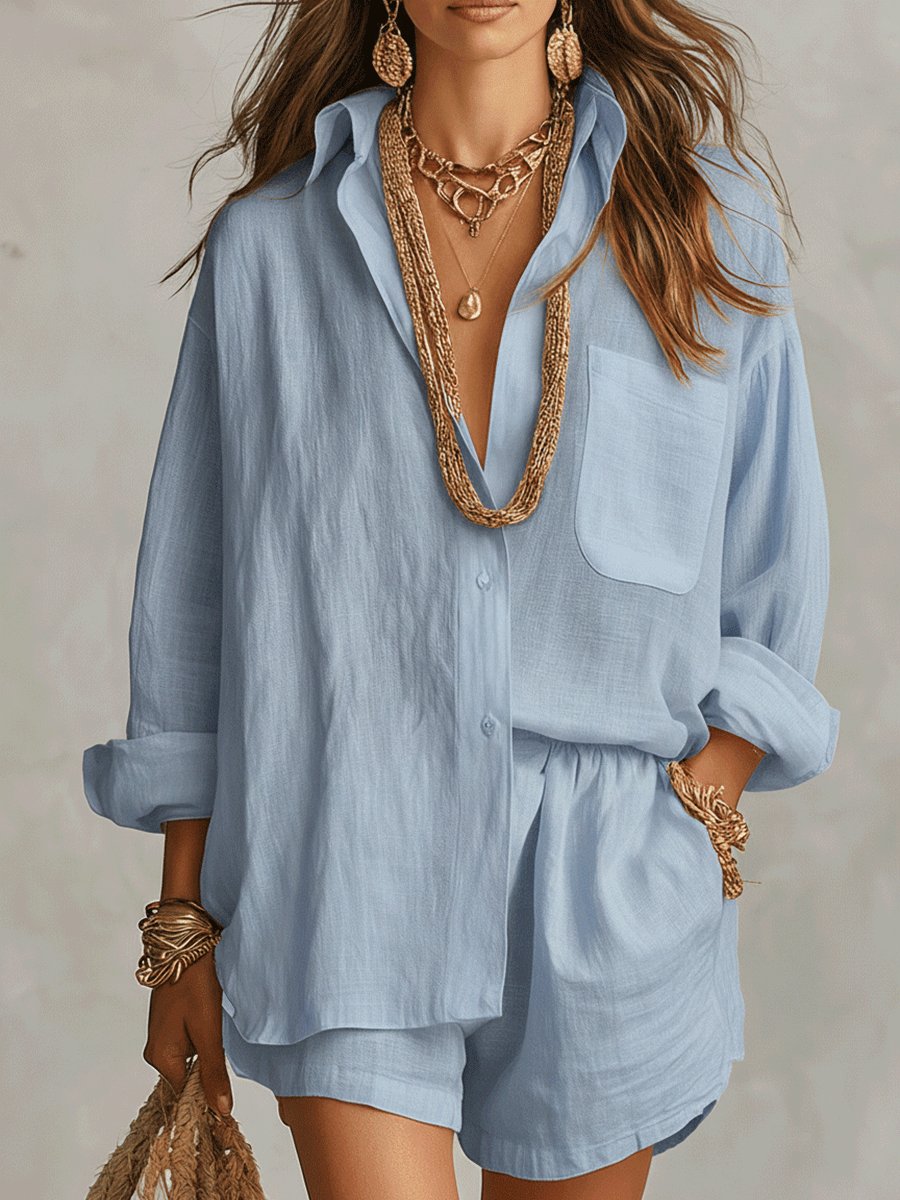 Women's woven shirt and shorts set - yellow