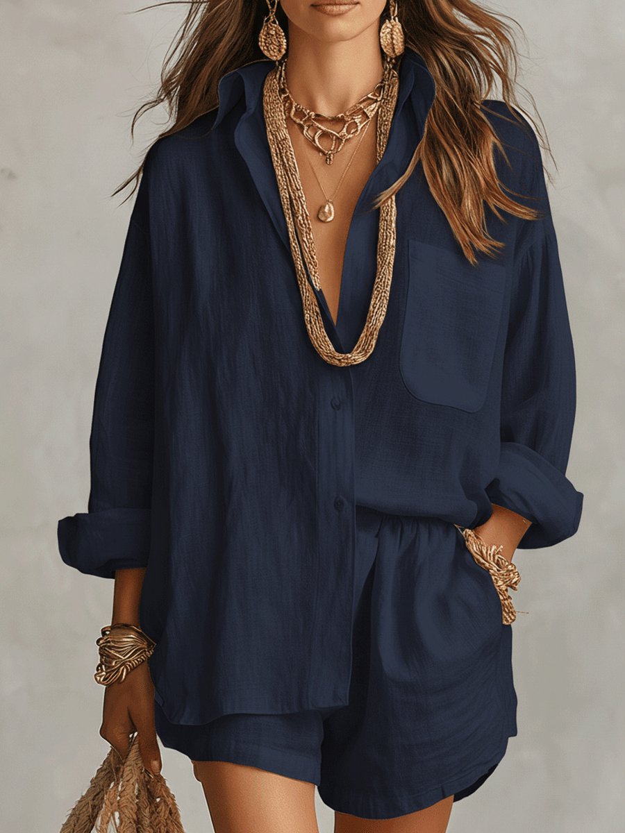 Women's woven shirt and shorts set - blue