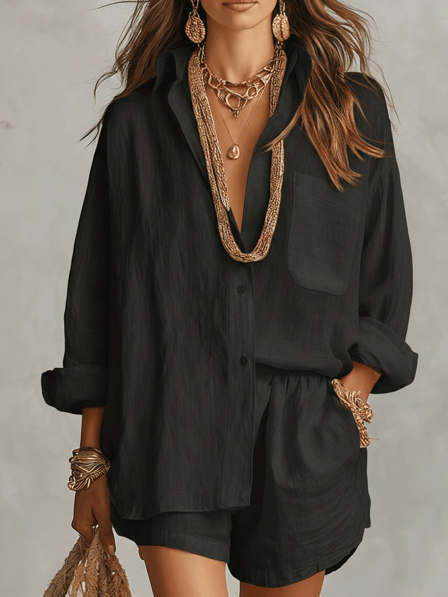 Women's woven shirt and shorts set - black