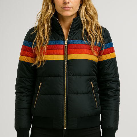 Women's Puffer Jacket Stripe Bands Black