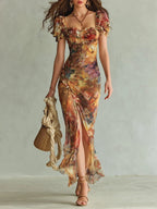 Women's Puff-Sleeve Sweetheart Maxi Dress with Ruffle Hem