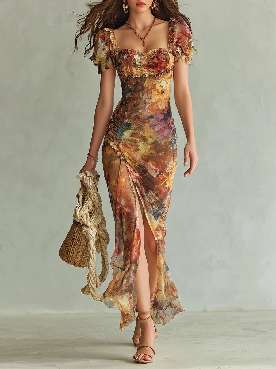 Women's Puff-Sleeve Sweetheart Maxi Dress with Ruffle Hem