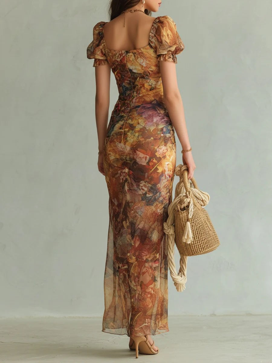 Women's Puff-Sleeve Sweetheart Maxi Dress with Ruffle Hem