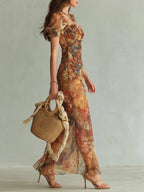 Women's Puff-Sleeve Sweetheart Maxi Dress with Ruffle Hem