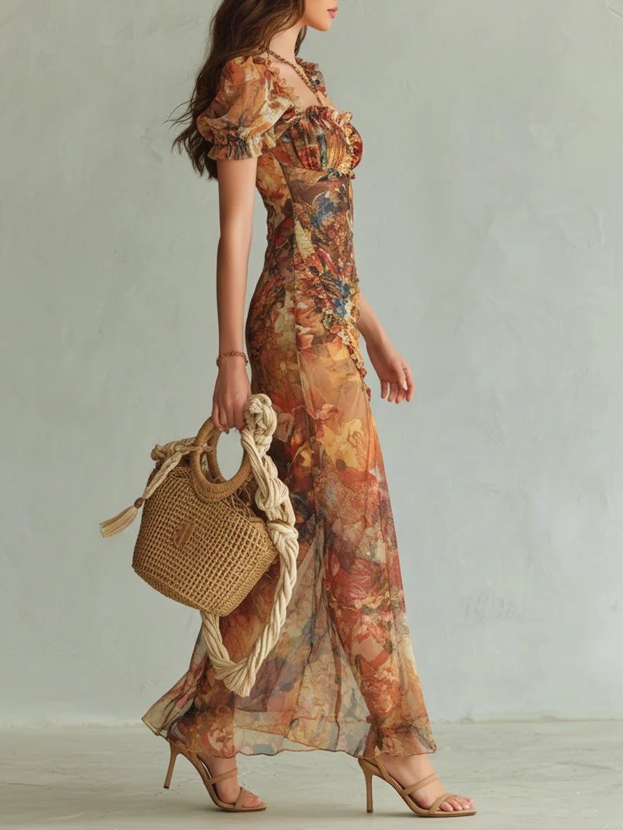 Women's Puff-Sleeve Sweetheart Maxi Dress with Ruffle Hem