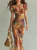 Women's Puff-Sleeve Sweetheart Maxi Dress with Ruffle Hem