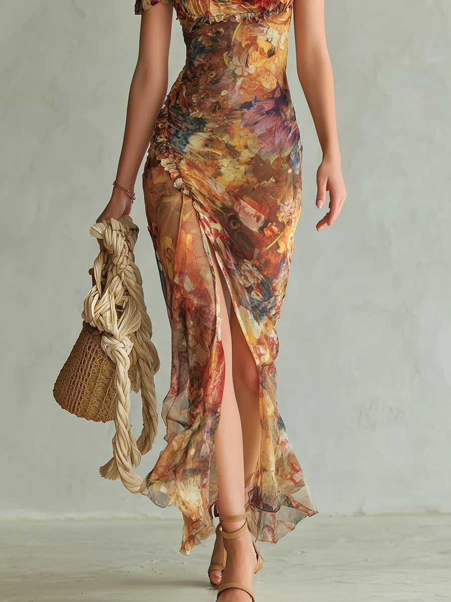 Women's Puff-Sleeve Sweetheart Maxi Dress with Ruffle Hem