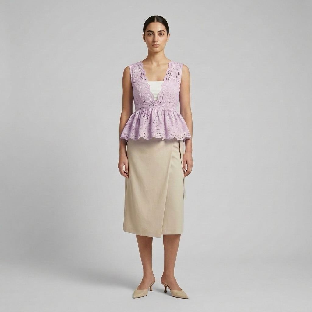 Womens Scalloped Eyelet Peplum Top side view