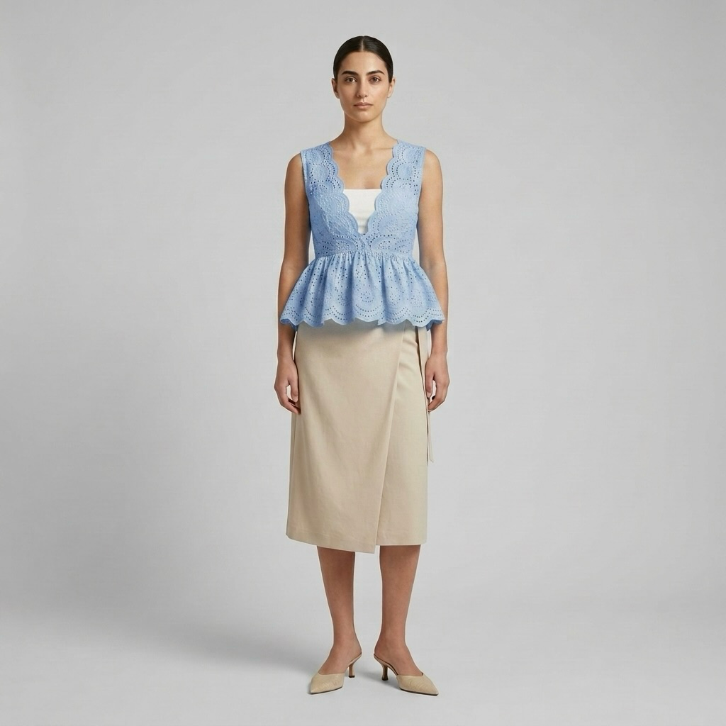 Womens Scalloped Eyelet Peplum Top back view