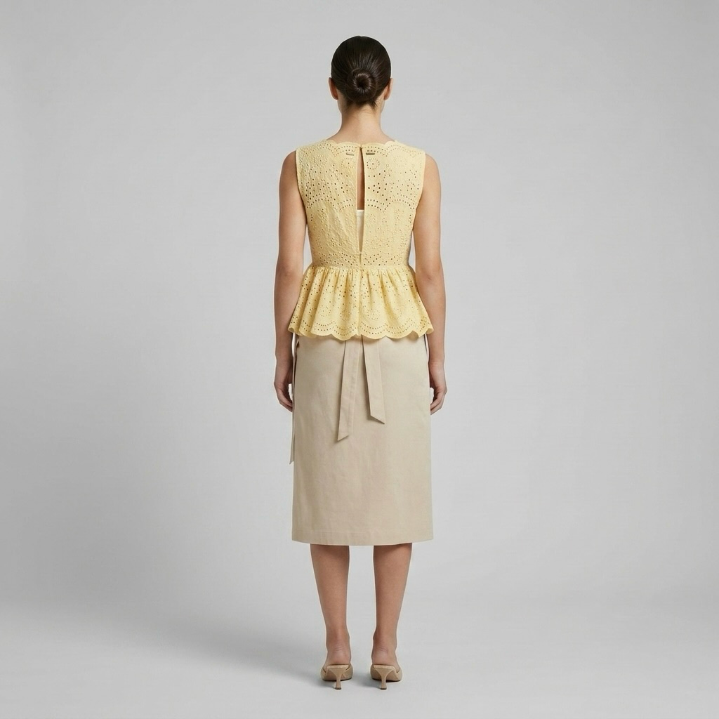 Womens Scalloped Eyelet Peplum Top styled view
