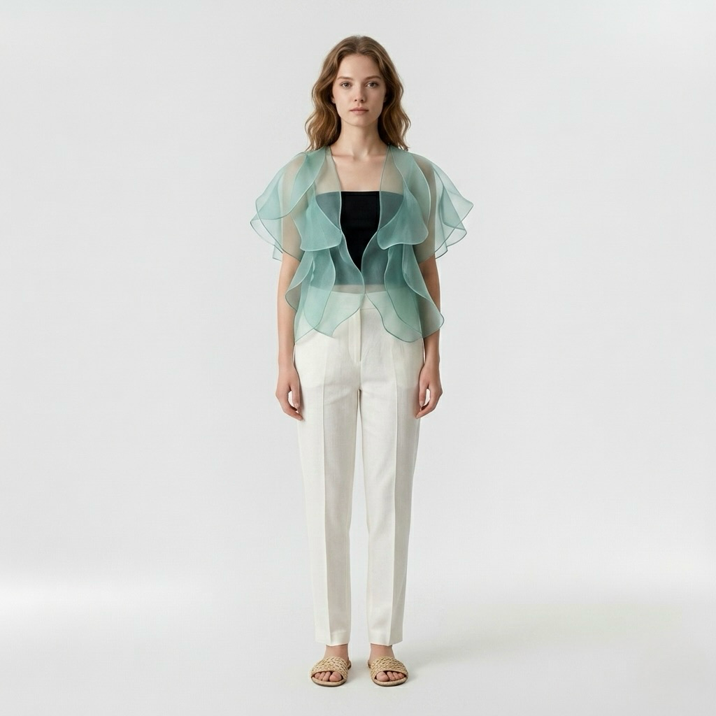 Womens Sheer Ruffle Organza Overlay Top front view