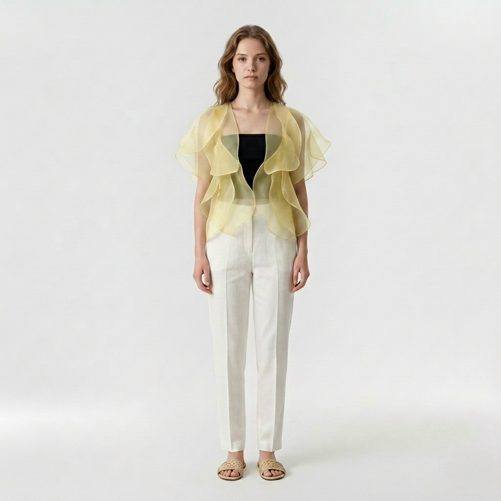 Womens Sheer Ruffle Organza Overlay Top side view
