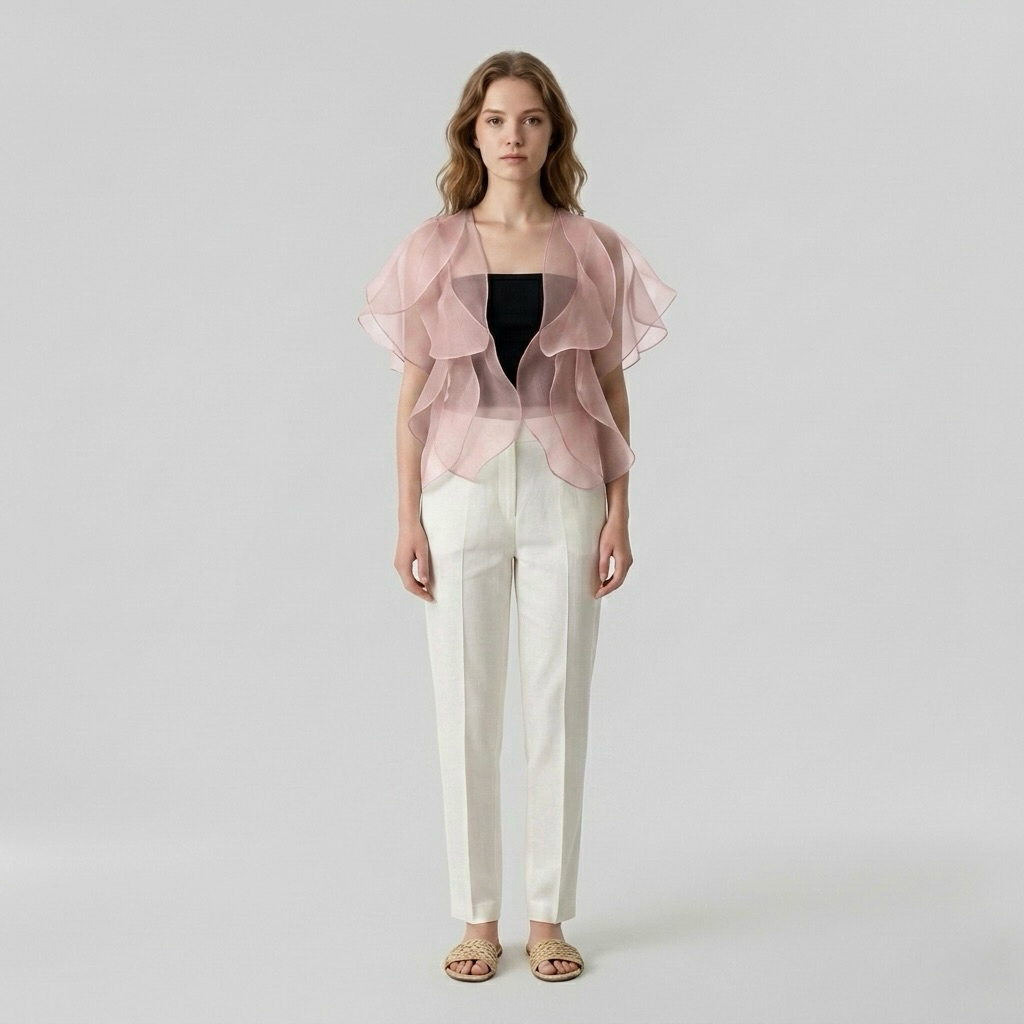 Womens Sheer Ruffle Organza Overlay Top back view