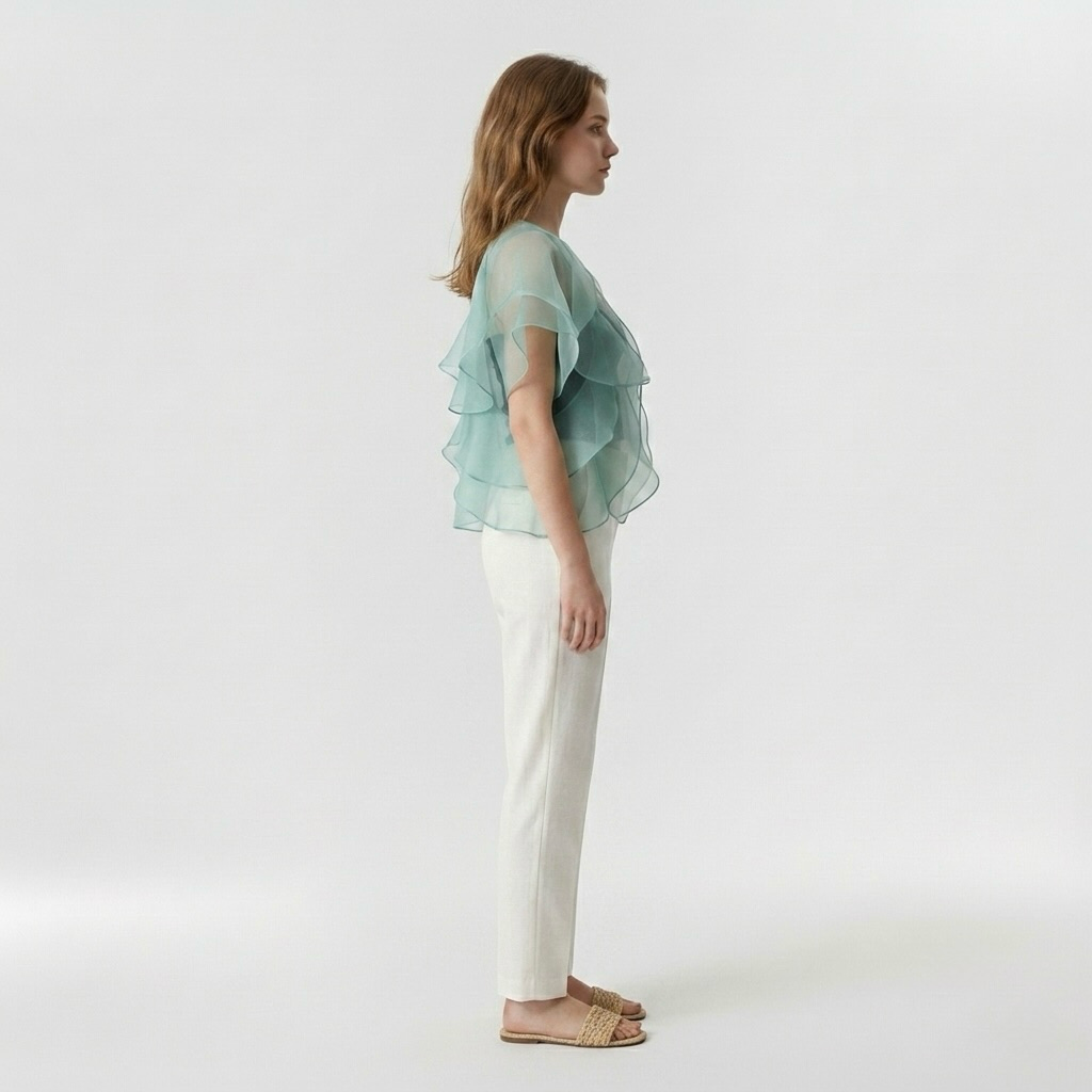Womens Sheer Ruffle Organza Overlay Top detail view
