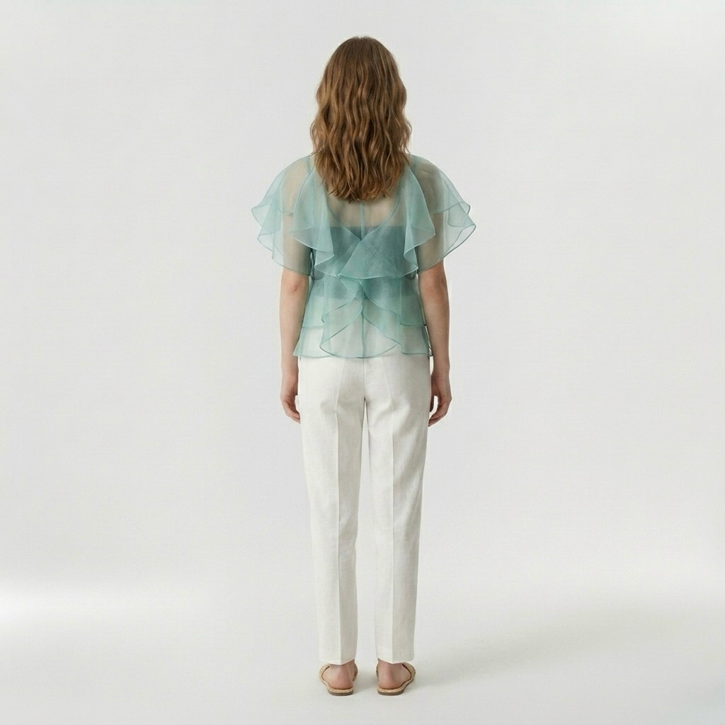 Womens Sheer Ruffle Organza Overlay Top styled view
