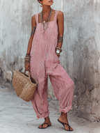 Women's striped square neck jumpsuit in red
