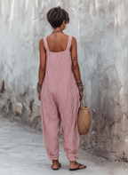 Women's striped square neck jumpsuit in red - detail