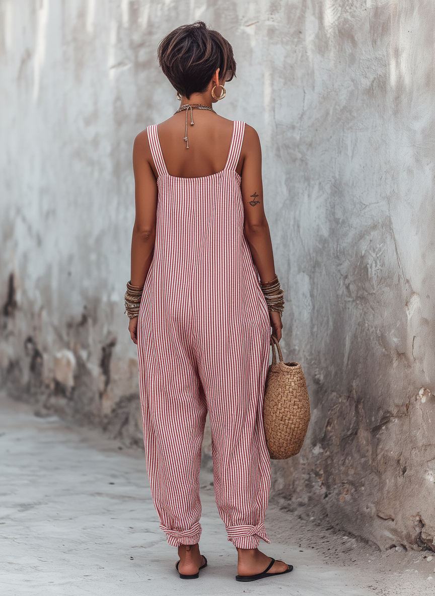 Women's striped square neck jumpsuit in red - detail