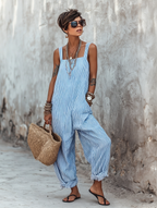 Women's striped square neck jumpsuit in black - detail